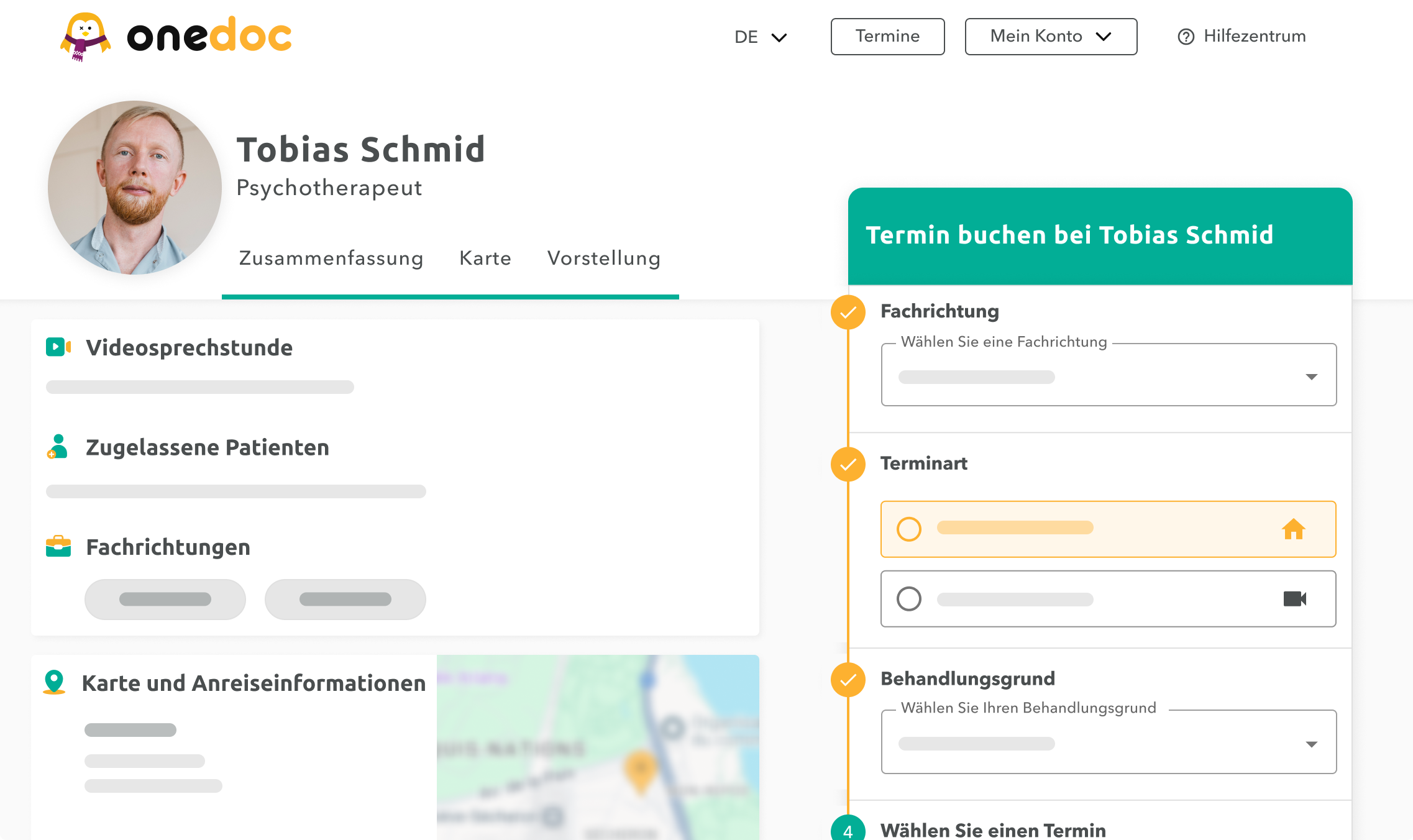 Ansicht eines Psychotherapeutenprofils auf OneDoc.ch, das die Online-Terminbuchung anbietet